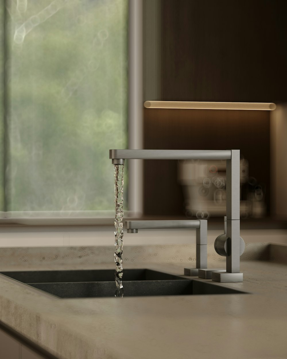 Modern kitchen faucet running water into a double stainless steel sink